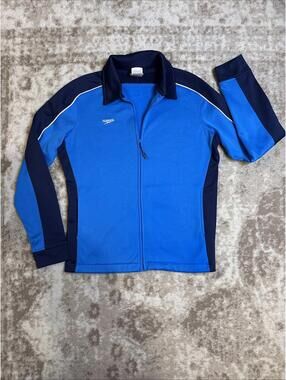 Speedo Jacket Men's Small Track Coat Blue Black Collared Zip Pockets Logo